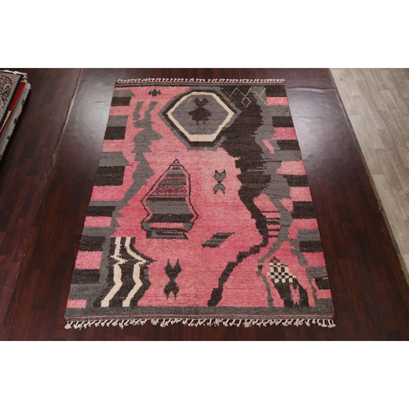 Tapis rose en laine noué à la main de conception unique 7 pi 11 po x 10 pi 11 po marocain