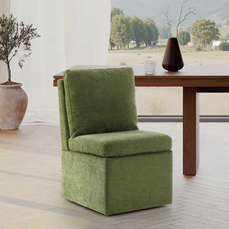 Chaise rembourrée en chenille avec rangement et roulettes, Vert