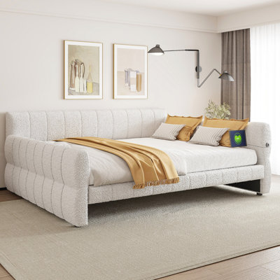 King Size Upholstered Platform Bed with USB, White