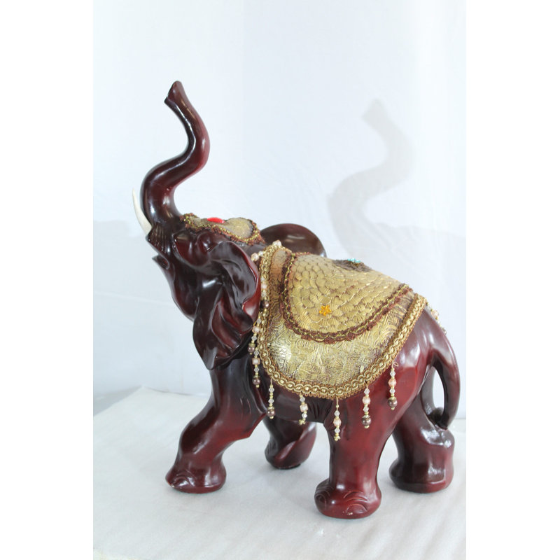 Nifao Resin Elephant Statue with Gold Saddle and Raised Trunk - Regal Lucky Elephant Home Decor - 19" x 10" x 22"H
