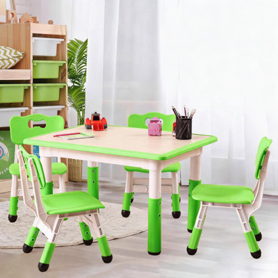 Ensemble de table et 4 chaises pour enfants - Bureau multifonctionnel, hauteur réglable, plateau à motifs graffiti, facile à nettoyer, design ergonomique pour les enfants de 2 à 10 ans (vert)
