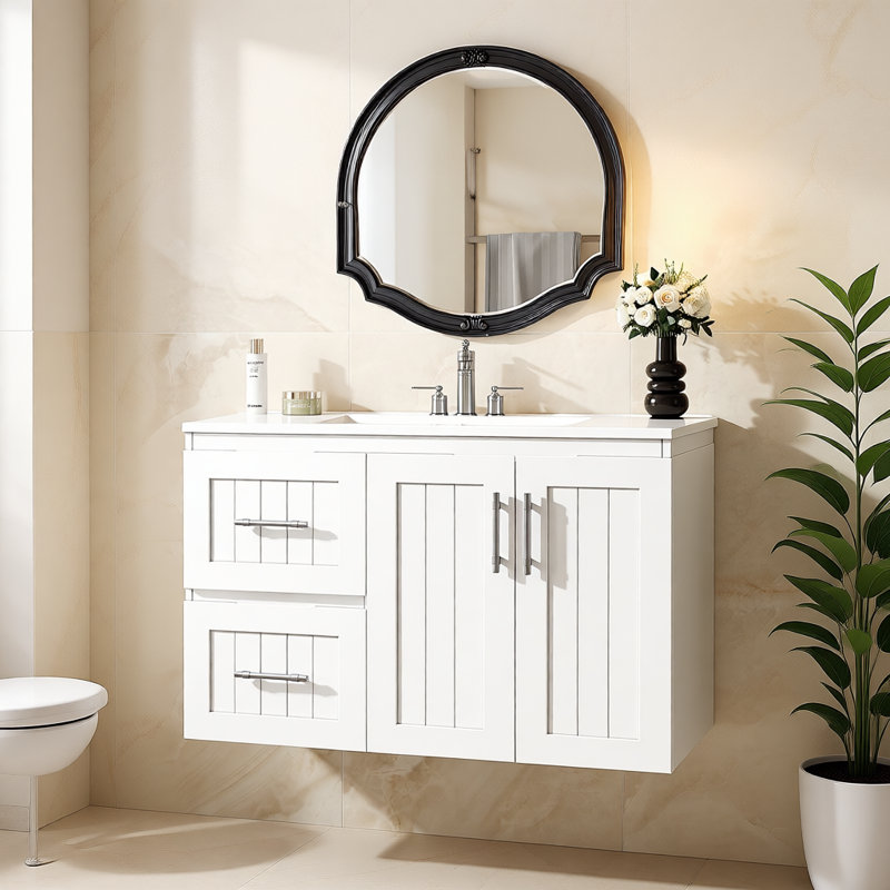 Meuble-lavabo mural 36 po avec lavabo intégré en céramique, meuble-lavabo flottant avec 2 tiroirs et tablette réglable, meuble-lavabo simple à cadre en bois massif