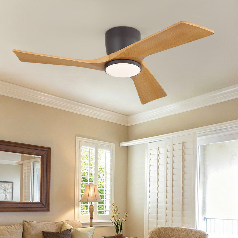 Ventilateur de plafond 42 po à 3 pales en bois massif d'intérieur avec télécommande encastrée et DEL intégrée, Grey, 42, Grey