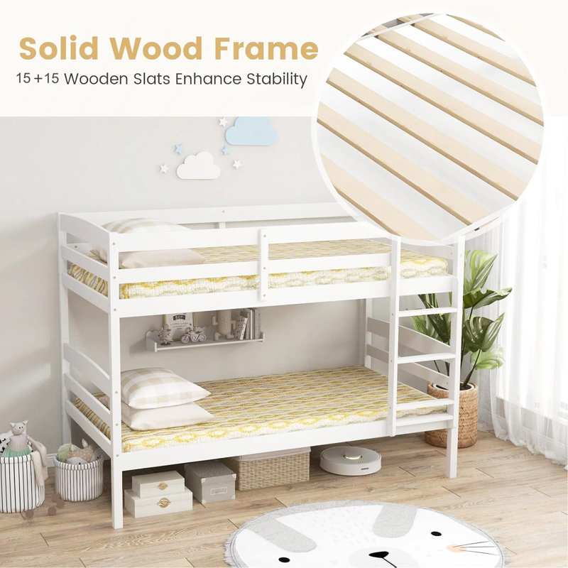 DFW Bunk Bed Twin Over Twin,  Pine Solid Wood Detachable Bed Frame With High Guardrails & Integrated Ladder, Wooden Slatted Bunk Bed For Teens & Adult, No Box Spring Needed, White