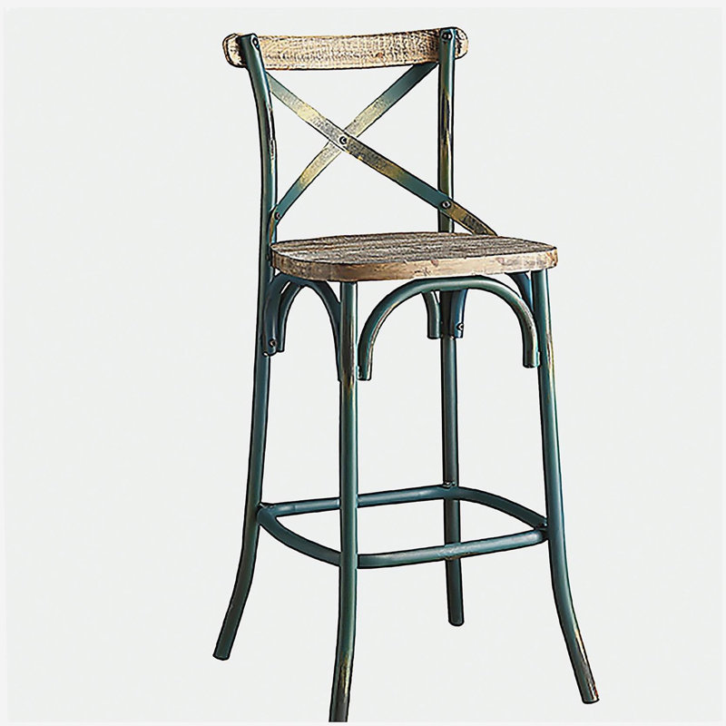 Tabouret de bar rétro bleu ciel et chêne rétro, avec dossier croisé, Siège turquoise / cadre turquoise / bleu