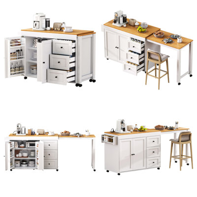 74.8" Kitchen Island with Extendable Dining Table, 3 Drawers, Power Outlet, and Spice Rack on Rolling Wheels