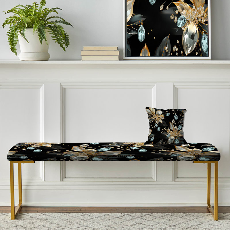 Blue And Black Opulent Crystal Splendor - Glam Upholstered Gold Bench