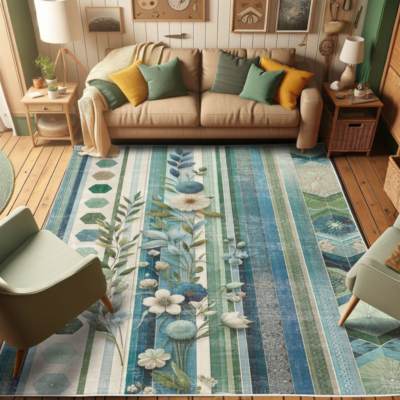 Teal Blue and Green Floral Synthetic Area Rug 2'3" x 3'9"