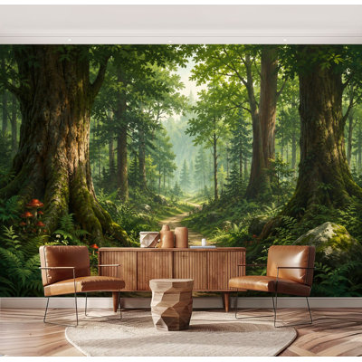 Wall Mural Peel and Stick Wallpaper Forest Landscape Tall Trees Greenery Sunlit Pathway Self-Adhesive Removable Contact Paper Wall Decor for Living Room Bedroom 69"H x 96"W