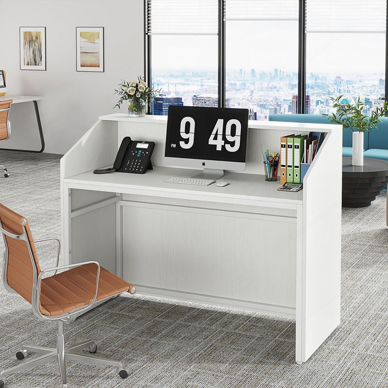 Bureau de réception moderne avec comptoir, table de réception avec œillets et panneaux d'intimité