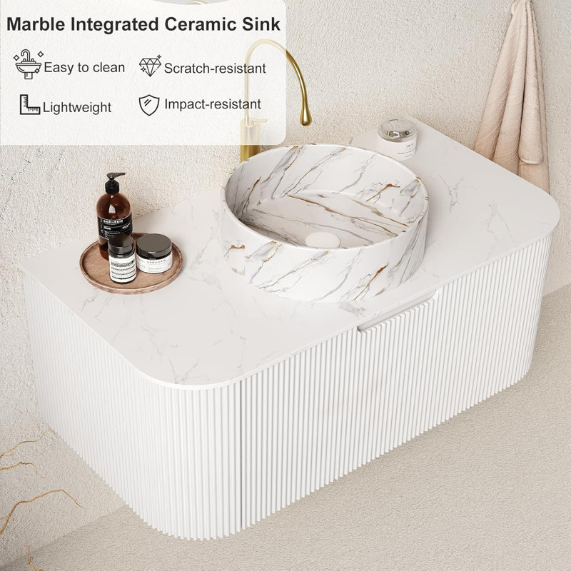24" Bathroom Vanity with Sink, Bathroom Cabinet with Ultra-Thin Ceramic with Large Drawer, No Assembly Required, White