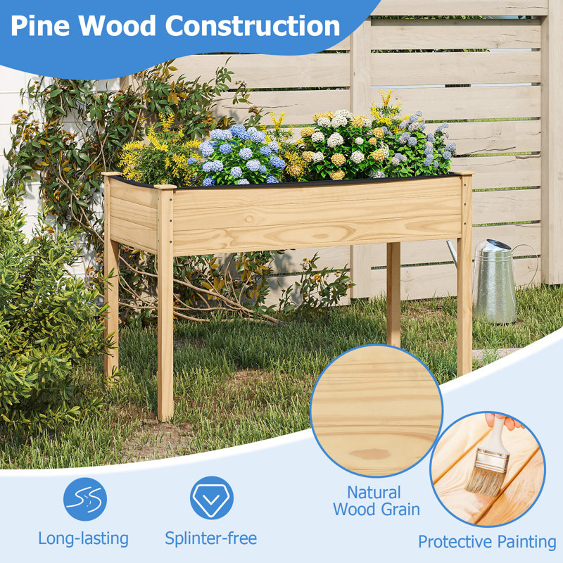  Wooden Raised Garden Bed w/Legs Liner Drainage Holes Large Planter Box for Herb, 1