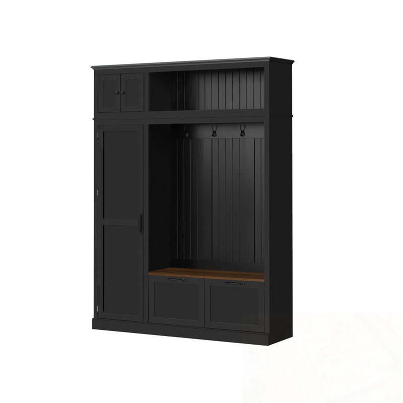3-in-1 Hall Tree with Overhead Storage Cabinet, 3 Adjustable Side Shelves, 4 Heavy-Duty Hooks, 2 Spacious Drawers, Grooved Back Panel Design, Contrasting Seat Bench, Multifunctional Entryway Organizer