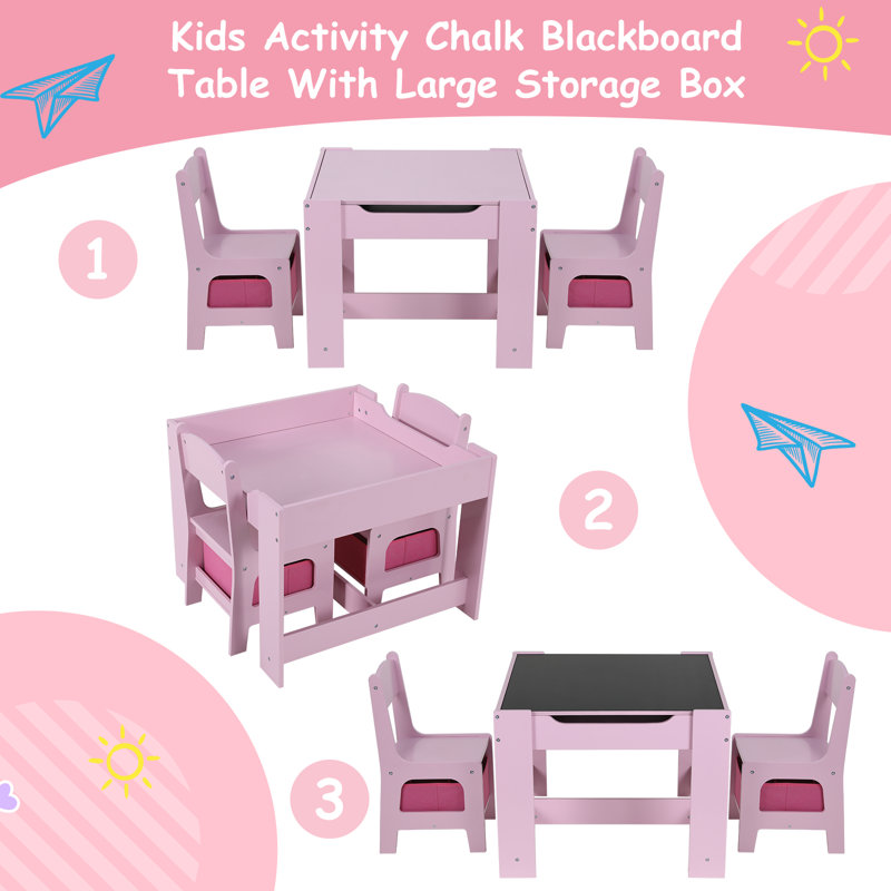 Pink Wooden Kids Activity Table Set with Storage Drawers