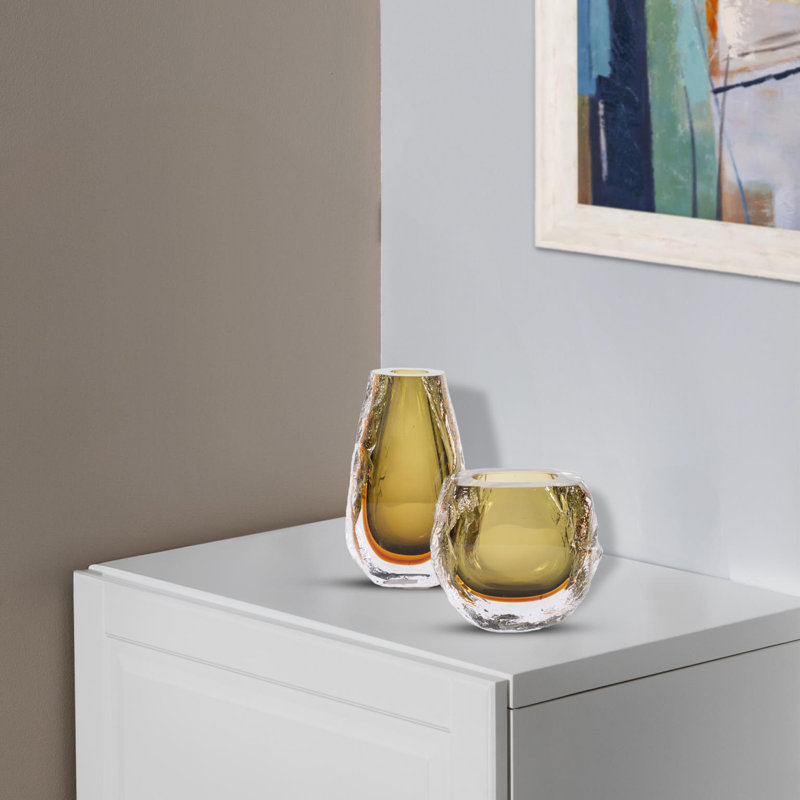 Dusty Olive Crystalized Glass Vase- Short, 3.0125" H x 5.375" W x  4.875" D