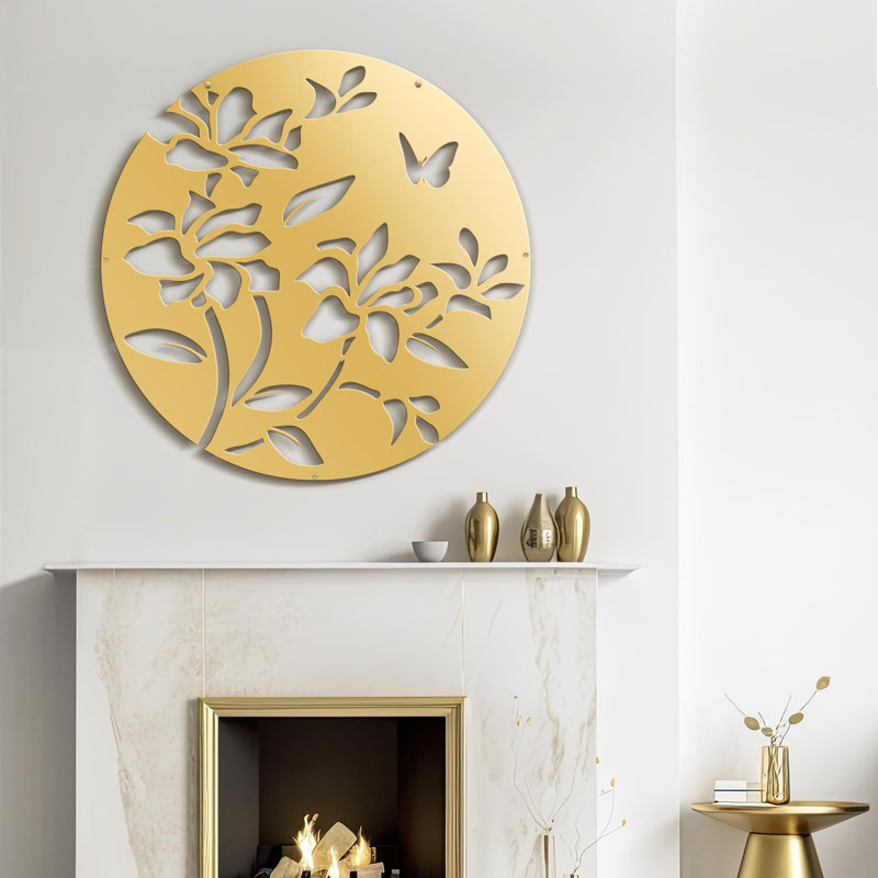 Fleurs, décoration murale abstraite moderne minimaliste, décoration murale en métal, H 30 po x l 30 po x P 0,05 po, Doré