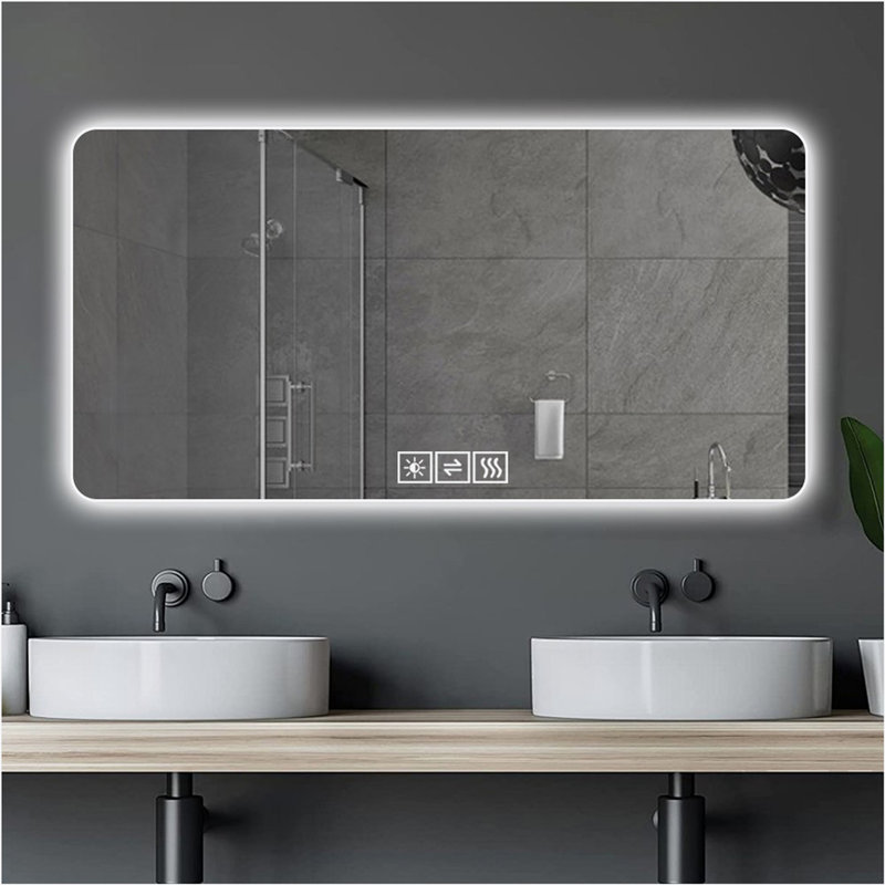 Miroir de salle de bain 28 po x 60 po à DEL, résistant à la corrosion, trois couleurs à intensité variable, miroir rétroéclairé avec fonction de désembuage à une touche