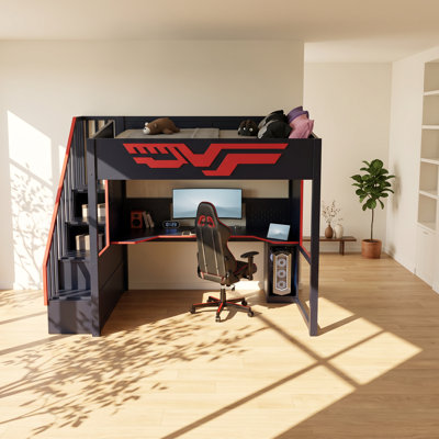 Lit mezzanine double avec rangement et éclairage DEL Enthusiast l 57,6 po x P 94,69 po x H 70,87 po