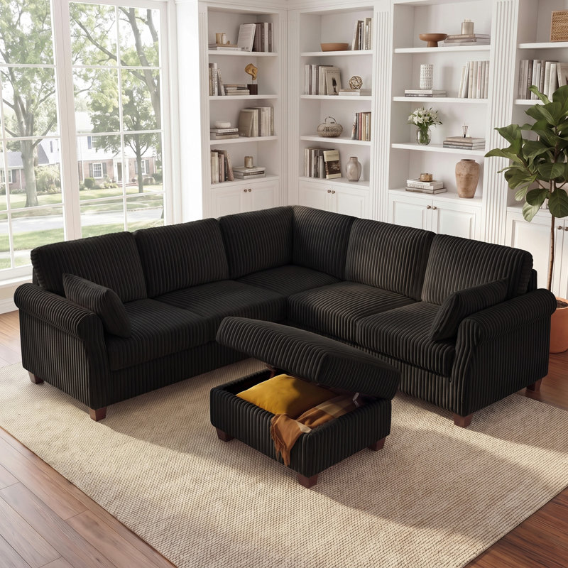 90.55’’ Upholstered Sofa With Storage Ottoman, Black Polyester