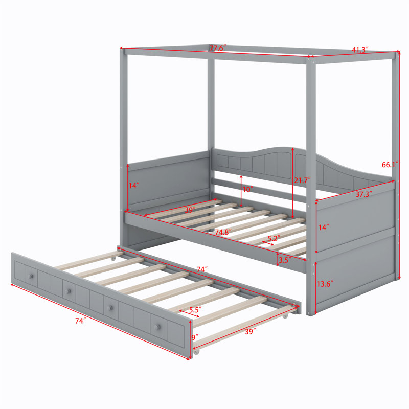 Tenyia Twin Size Canopy Day Bed With Twin Size Trundle, Gray