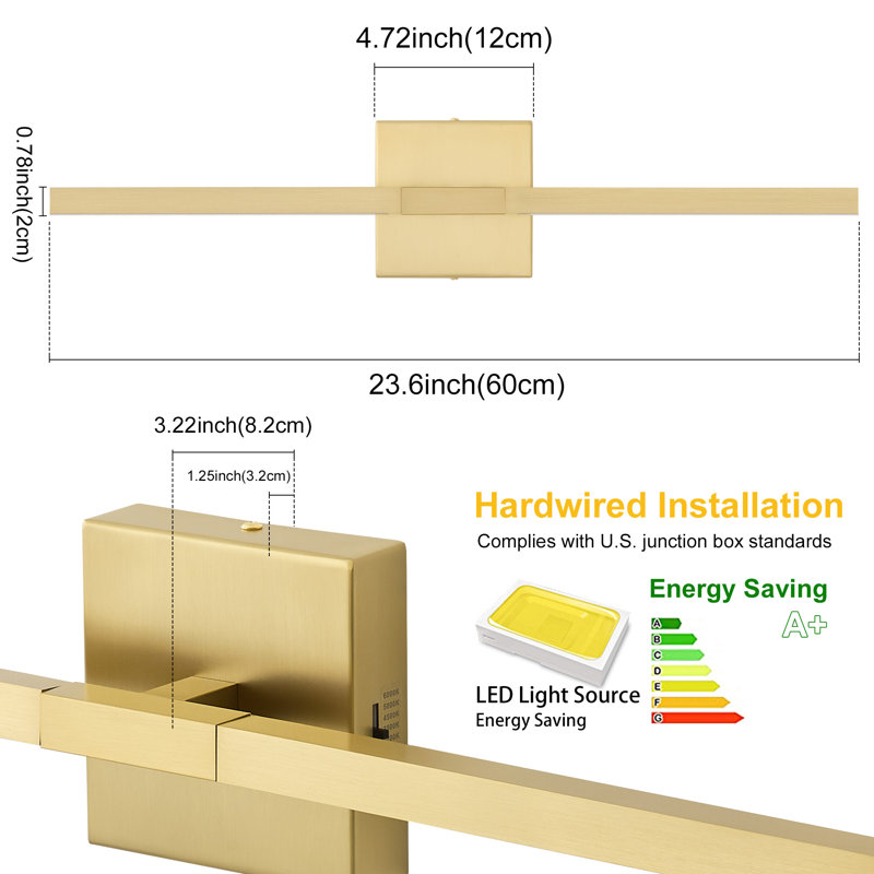 23.6'' LED Bathroom Vanity Light 24W Gold Vanity Light Fixture for Bathroom Bedroom, Gold, 4.72" H x 23.6" W x 3.22" D