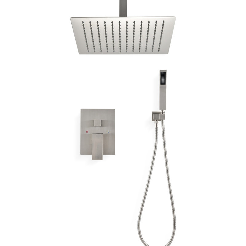 Ceiling Mounted Shower In Brushed Nickel With 10" Head And Handheld - Natural Rainfall, Self-cleaning Nozzle, Meets American Standard Pipe Installation Specifications, Wall Containing Mimics