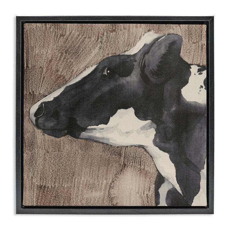 Art mural sur toile flottant à gauche, "Vache rustique" par Grace Popp, H 18 po x l 18 po, Cadre flottant noir de jais