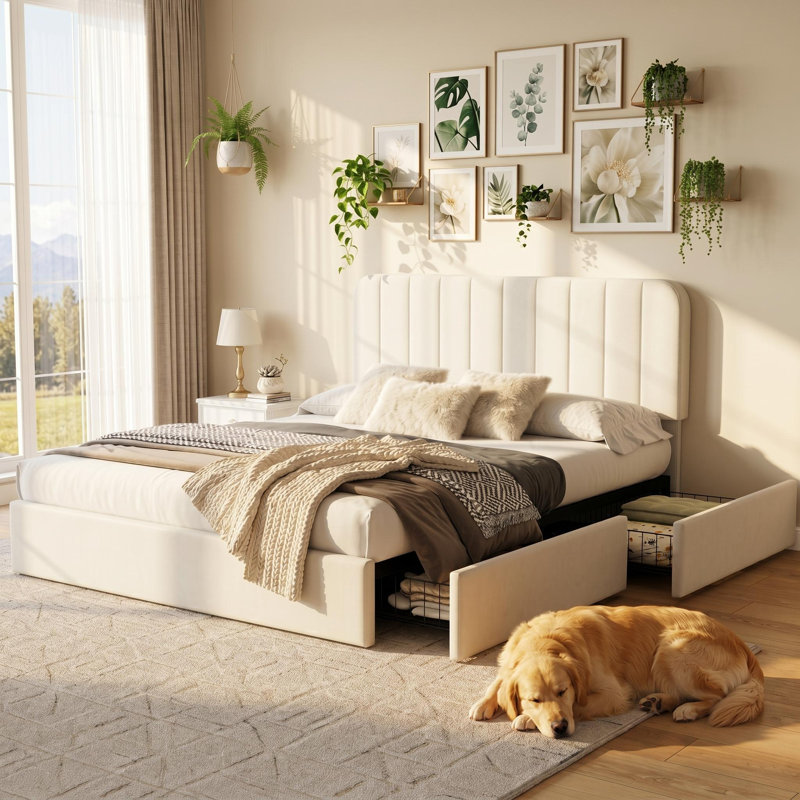 Structure de lit grand format avec 4 tiroirs, lit plateforme tapissier en velours avec tête de lit réglable en hauteur, support de lattes en bois, aucun sommier requis, assemblage facile, beige