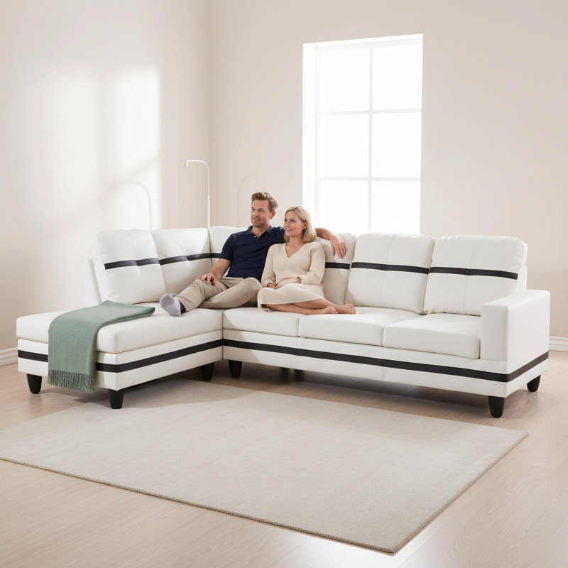 Black And White Colour Matching Breathing Leather Sofa Three Piece Set, Cross Woven Concave Surface With Storage Footstool