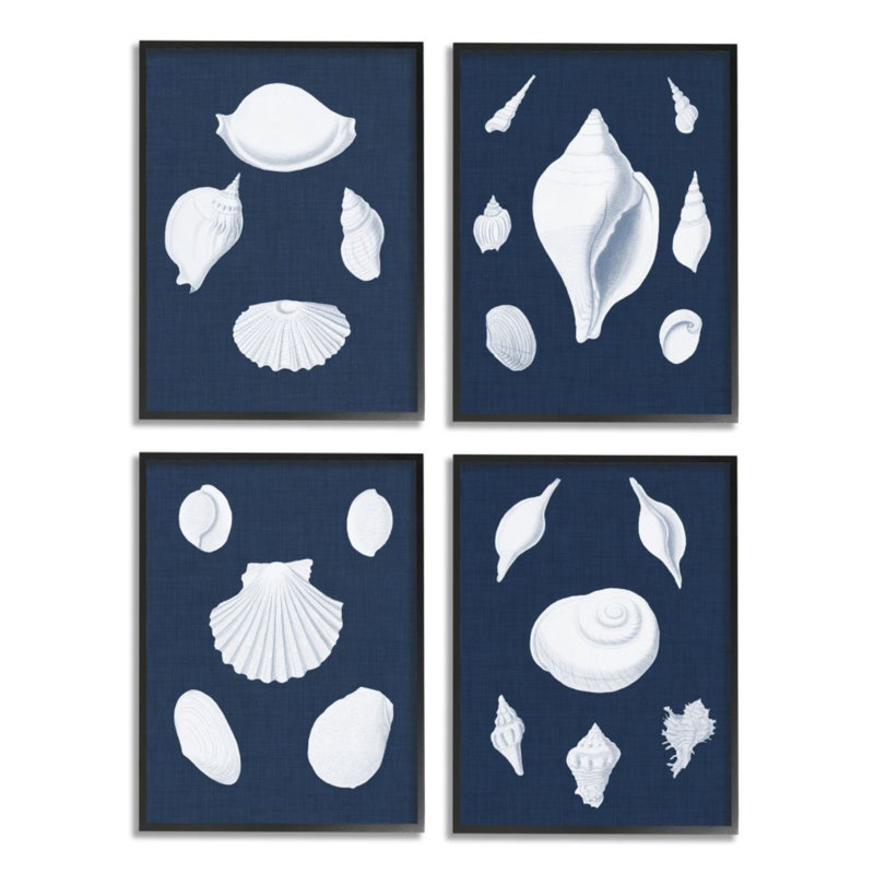 «White Nautical Beach Shells Minimal Deep Blue», ensemble de 4 reproductions d'impressions, H 14 po x l 11 po