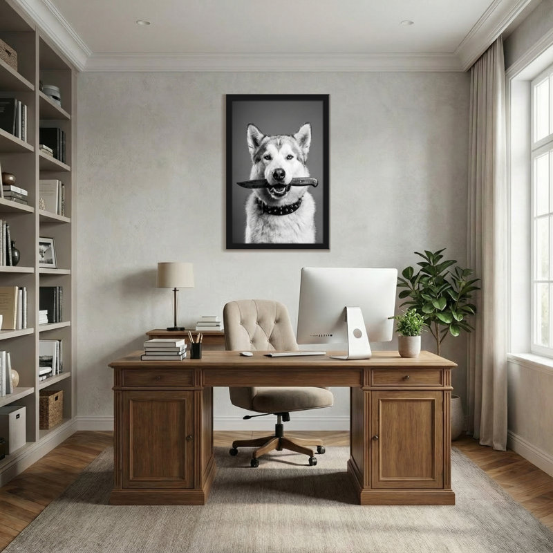 Animaux, chien tenant un couteau dans la bouche - noir et blanc, H 36 po x l 24 po