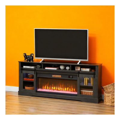 Meuble télé 70,9 po avec foyer électrique, console multimédia avec armoires à portes vitrées et tablettes ouvertes pour téléviseurs de 80 po ou moins, panneau de fibres à densité moyenne gris et centre de divertissement en acier