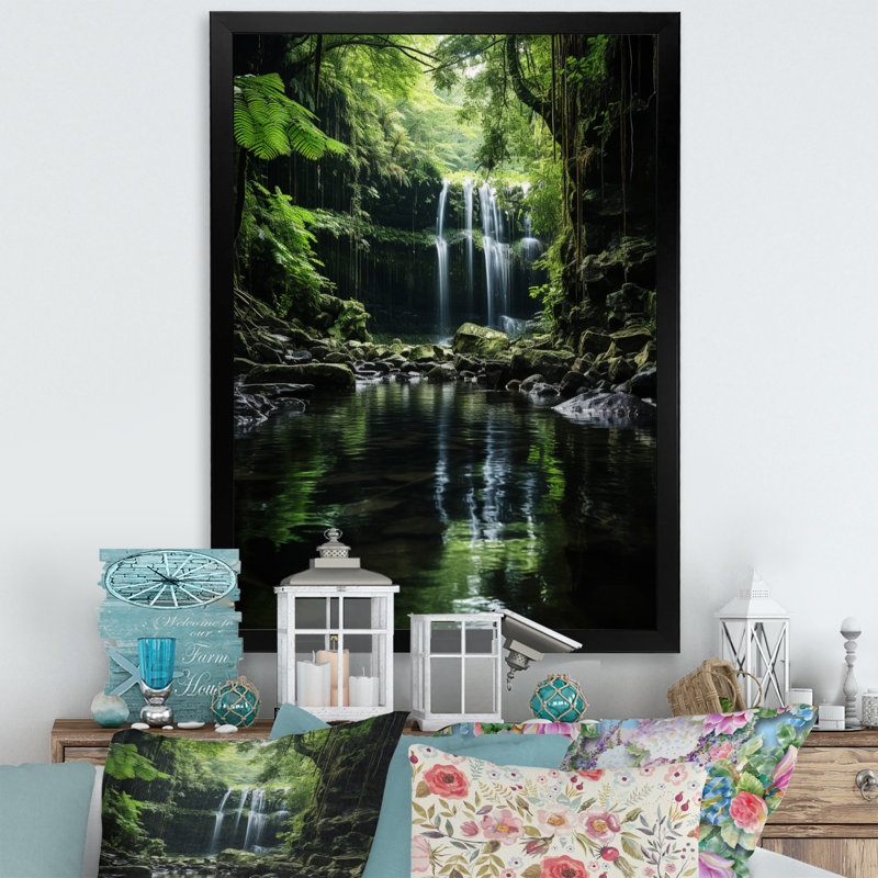 «Waterfall Hidden Oasis Forest I», reproduction sur toile, Cadre simple noir, H 32 po x l 24 po x P 1 po