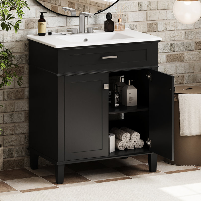 Meuble-lavabo noir de 30 po avec lavabo en céramique, style élégant, tablettes réglables, portes à fermeture en douceur de 30 po noires, rangement polyvalent