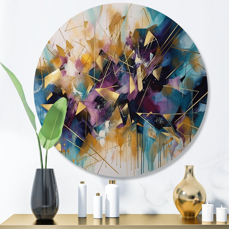 «Golden Explosion Triangles II», art mural rond abstrait géométrique sur métal, H 23 po x l 23 po x P 1 po