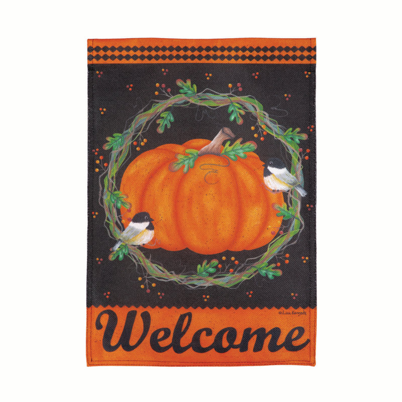 Chickadee and Pumpkin Burlap Garden Flag