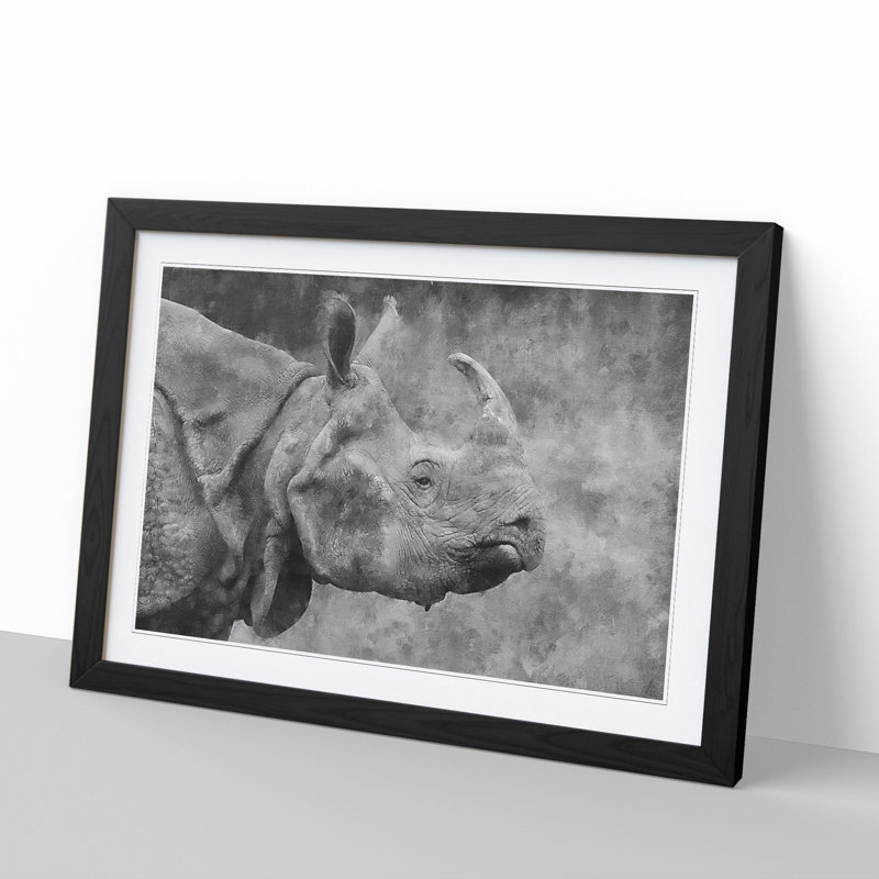 A Rhino - Picture Frame Painting, 27cm H x 36cm W x 2cm D, Black Framed