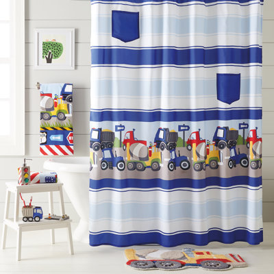 Rideau de douche simple trains et camions + crochets