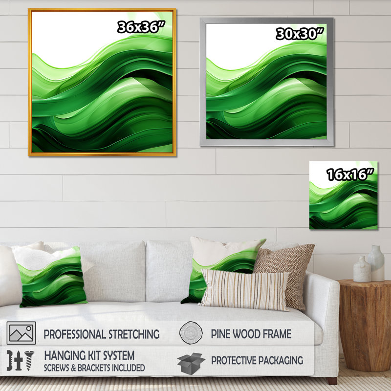 Vert et blanc Fractal Waves I - Art mural fractal abstrait, Cadre simple noir, H 36 po x l 36 po x P 1,5 po