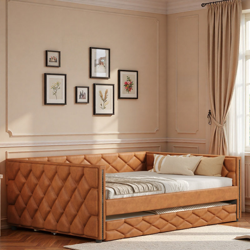 Upholstered Daybed With Trundle And Led, Brown