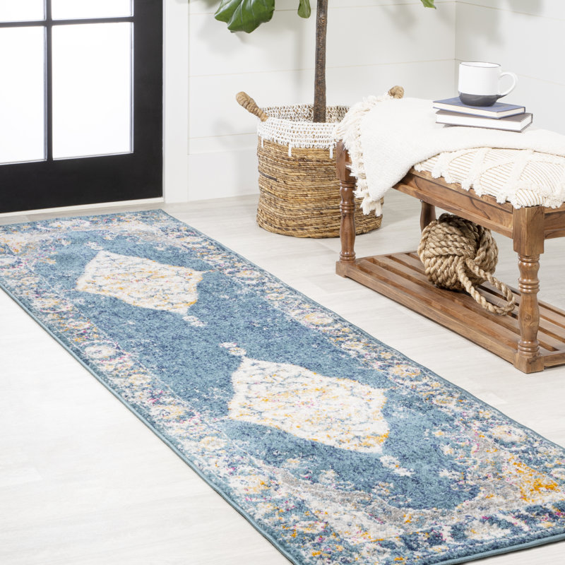 Tapis turquoise / gris Adao Bohemian Cottage, Tapis de couloir 2 pi 3 po x 8 pi