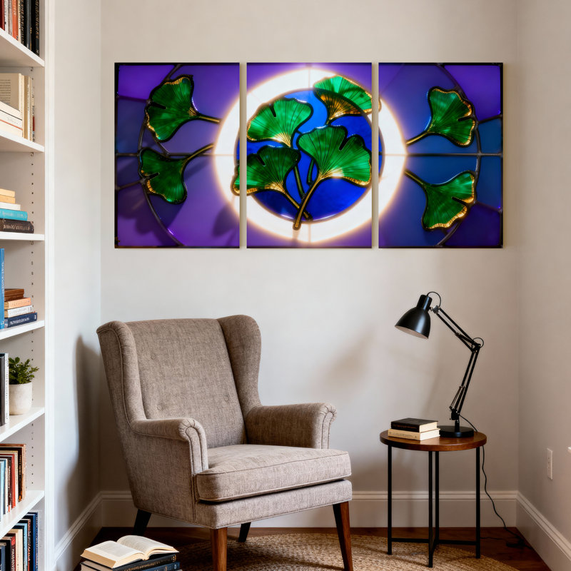 Tableau sur toile à motif de feuilles de ginkgo en vitrail (paquet de 3), H 24 po x l 48 po