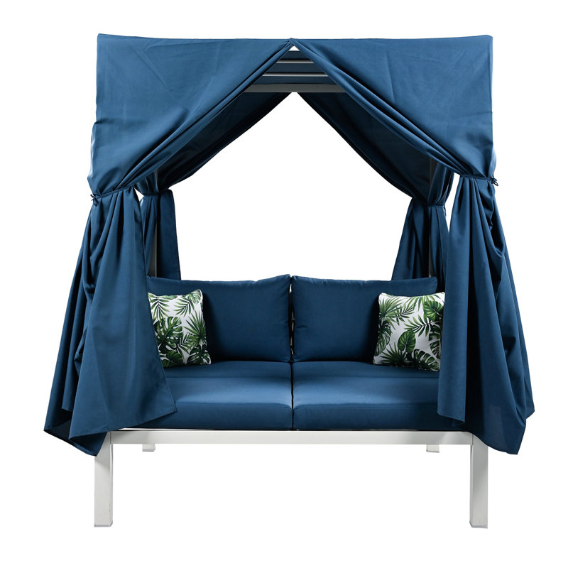 Outdoor Sunbed With Canopy - Stylish And Functional, Thick Cushions For Extra Comfort, Materials, Versatile Use, 70.9''H X57.5''W X 57.5''D, Water- Patio Curtains High Comfort & Blue Woven Rope