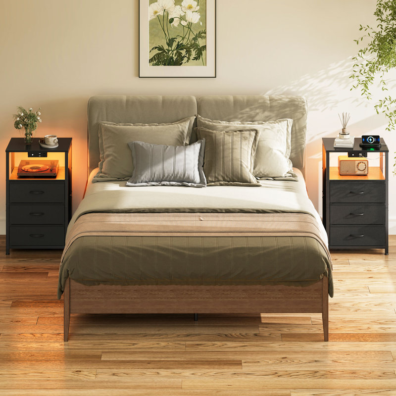 Nightstand With 3 Fabric Drawers,modern Bedside Table With Power Outlets,everyday Side Table With Led Light Strip,end Table With A Large Storage Shelf(2 Set)