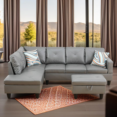 Ensemble de canapé modulaire en cuir 3 pièces avec méridienne et repose-pieds avec rangement Monaco