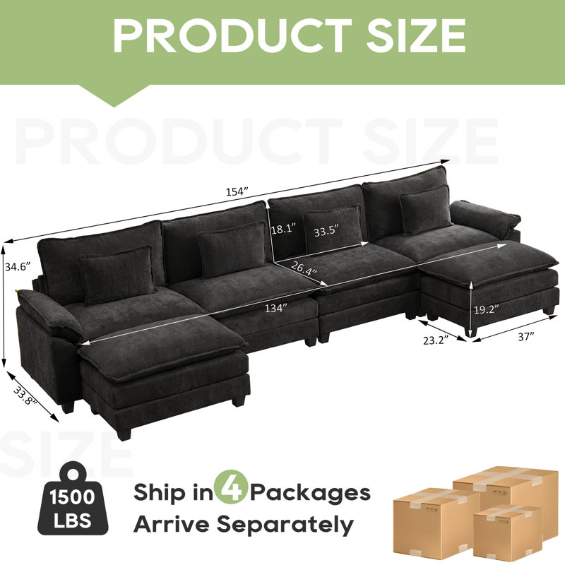 Adonia 154" Oversized U Shaped Sectional Sofa, Comfy Cloud Couch Deep Sectional Sofa with Ottomans for Living Room