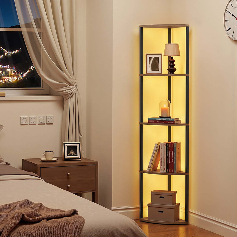 64" H x 16.4" W 5 Tier Corner Shelf Tall Corner Stand with LED Light Narrow Display Rack