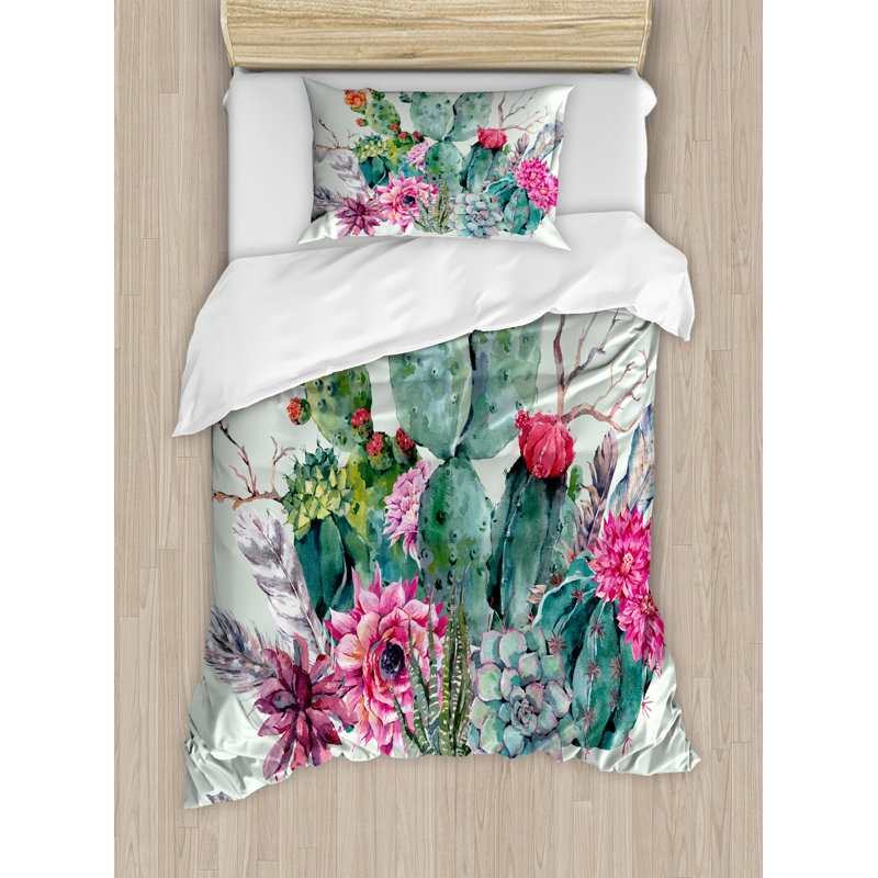 Twin Green and Pink Floral Cactus Duvet Cover Set