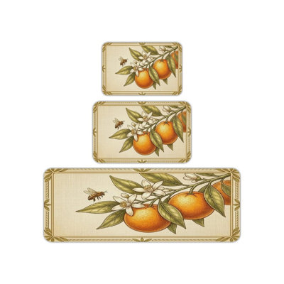 Beige Vintage Orange Bee Kitchen Rug 3 Pc Set for Farmhouse Kitchen & Pantry