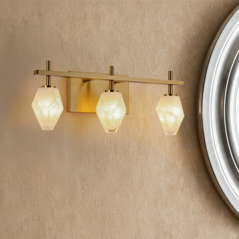 Aguero 19" 3-Light Antique Brass Vanity Light, Faux Diamond Cut Cloud Glass, 3 Lights